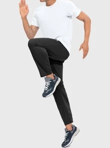 Men Zipper Pocket Drawstring Waist Geo Print Sports Trousers - Black - View 3