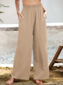 SHEIN Essnce Pantalones de pierna ancha con bolsillo oblicuo - Caqui - Ver 1