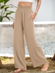SHEIN Essnce Pantalones de pierna ancha con bolsillo oblicuo - Caqui - Ver 4