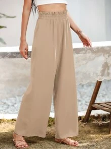 SHEIN Essnce Pantalones de pierna ancha con bolsillo oblicuo - Caqui - Ver 5
