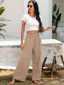 SHEIN Essnce Pantalones de pierna ancha con bolsillo oblicuo - Caqui - Ver 6