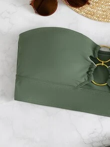 Ring Linked Bandeau Bikini Top, For Summer Beach Vacation - Army Green - View 3