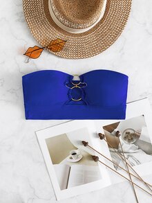 Top de bikini estilo bandeau con anillos enlazados, para vacaciones de verano en la playa - azul real - Ver 4