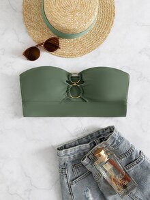 Ring Linked Bandeau Bikini Top, For Summer Beach Vacation - Army Green - View 6