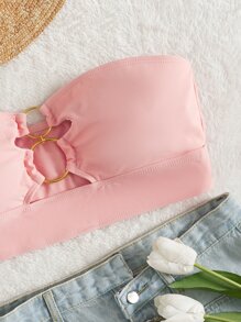 Ring Linked Bandeau Bikini Top, For Summer Beach Vacation - Baby Pink - View 4