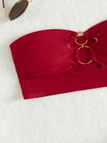 Ring Linked Bandeau Bikini Top, For Summer Beach Vacation - Red - View 3