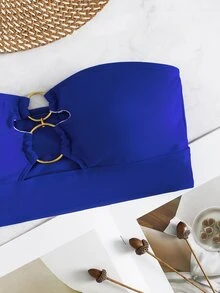 Top de bikini estilo bandeau con anillos enlazados, para vacaciones de verano en la playa - azul real - Ver 5