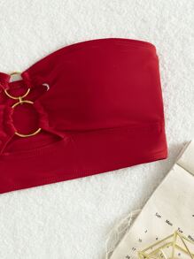 Ring Linked Bandeau Bikini Top, For Summer Beach Vacation - Red - View 4