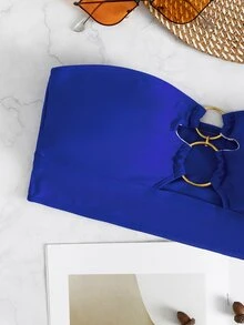 Top de bikini estilo bandeau con anillos enlazados, para vacaciones de verano en la playa - azul real - Ver 6