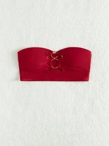 Ring Linked Bandeau Bikini Top, For Summer Beach Vacation - Red - View 5