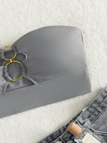 Ring Linked Bandeau Bikini Top, For Summer Beach Vacation - Light Grey - View 4