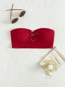 Ring Linked Bandeau Bikini Top, For Summer Beach Vacation - Red - View 6