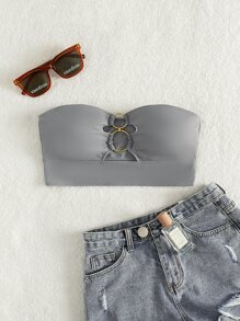 Ring Linked Bandeau Bikini Top, For Summer Beach Vacation - Light Grey - View 6