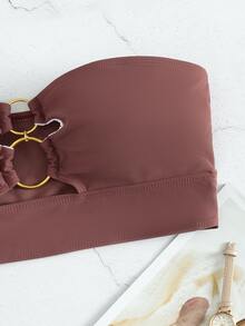 Ring Linked Bandeau Bikini Top, For Summer Beach Vacation - Burgundy - View 5