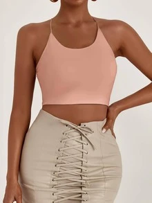 SHEIN SXY Backless Lace Up Crop Cami Top - Coral Pink - View 2