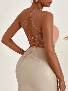 SHEIN SXY Backless Lace Up Crop Cami Top - Coral Pink - View 3