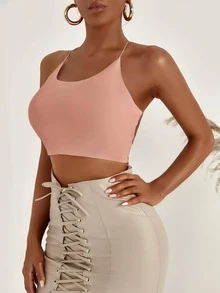SHEIN SXY Backless Lace Up Crop Cami Top - Coral Pink - View 5