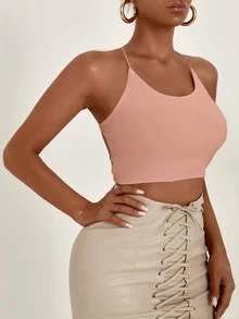 SHEIN SXY Backless Lace Up Crop Cami Top - Coral Pink - View 6