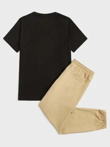 Manfinity VCAY Men Letter Graphic Tee & Drawstring Waist Trousers - Khaki - View 2