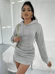 SHEIN Essnce Ruched Drawstring Side Drop Shoulder Hoodie Dress,Long Sleeve Tops In Fall/Winter - Light Grey - View 1