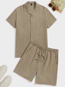 GENTILAND 男士棉素色西裝領襯衫和腰部抽繩短褲 - 卡其色 - 查看 1