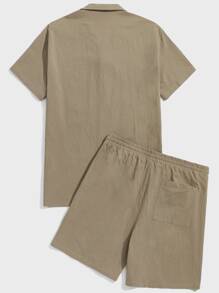 GENTILAND 男士棉素色西裝領襯衫和腰部抽繩短褲 - 卡其色 - 查看 2
