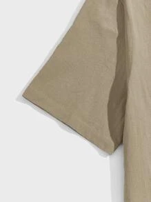 GENTILAND 男士棉素色西裝領襯衫和腰部抽繩短褲 - 卡其色 - 查看 4