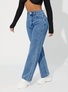 SHEIN PETITE High Waist Straight Leg Jeans - Medium Wash - View 1