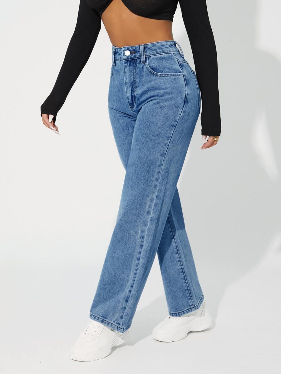 SHEIN PETITE High Waist Straight Leg Jeans - Medium Wash - View 1