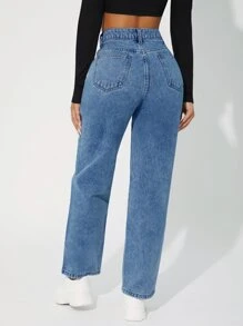 SHEIN PETITE High Waist Straight Leg Jeans - Medium Wash - View 2