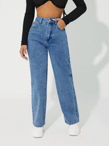 SHEIN PETITE High Waist Straight Leg Jeans - Medium Wash - View 3
