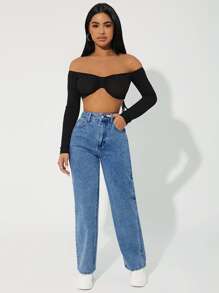 SHEIN PETITE High Waist Straight Leg Jeans - Medium Wash - View 4