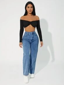 SHEIN PETITE High Waist Straight Leg Jeans - Medium Wash - View 5