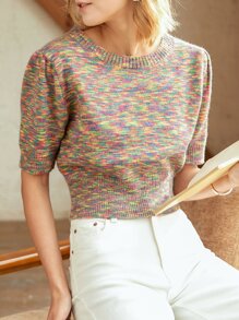 Knit Mix Space Dye Puff Sleeve Knit Top - Multicolor - View 1