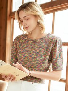 Knit Mix Space Dye Puff Sleeve Knit Top - Multicolor - View 3