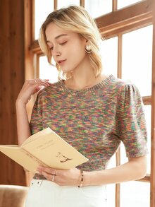 Knit Mix Space Dye Puff Sleeve Knit Top - Multicolor - View 5