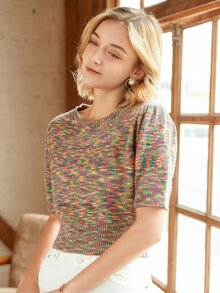 Knit Mix Space Dye Puff Sleeve Knit Top - Multicolor - View 6