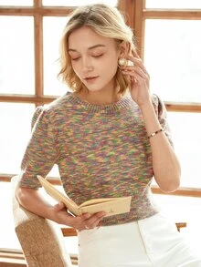 Knit Mix Space Dye Puff Sleeve Knit Top - Multicolor - View 8