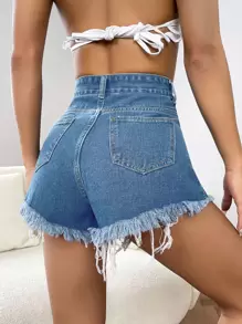Daisy Embroidery Raw Hem Denim Shorts - Medium Wash - View 2