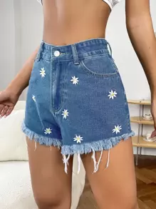 Daisy Embroidery Raw Hem Denim Shorts - Medium Wash - View 3