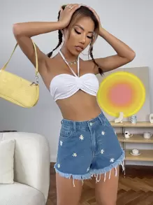 Daisy Embroidery Raw Hem Denim Shorts - Medium Wash - View 4
