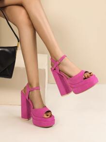 帶扣細節粗跟踝帶涼鞋 - 玫紅色 - 查看 1