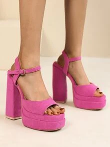 帶扣細節粗跟踝帶涼鞋 - 玫紅色 - 查看 2