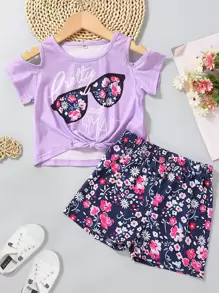 Toddler Girls Letter Graphic Cold Shoulder Tee & Shorts - Multicolor - View 1