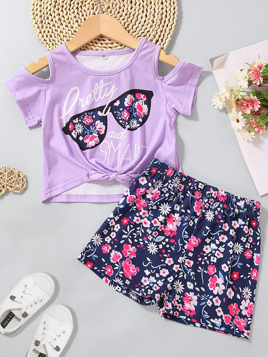 Toddler Girls Letter Graphic Cold Shoulder Tee & Shorts - Multicolor - View 1