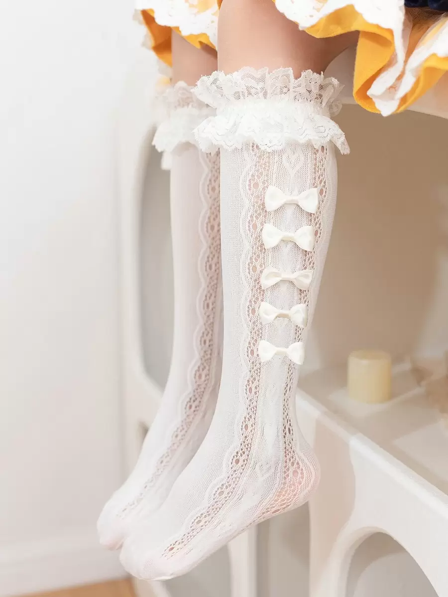 1 par de meias 3/4 de renda para meninas, com laço e coração, adequadas para uso diário