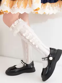 1 par de meias 3/4 de renda para meninas, com laço e coração, adequadas para uso diário