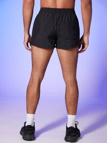 FeverCity Men Letter Patched Detail Drawstring Waist Shorts - Black - View 2