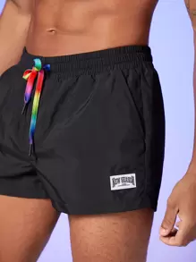 FeverCity Men Letter Patched Detail Drawstring Waist Shorts - Black - View 5