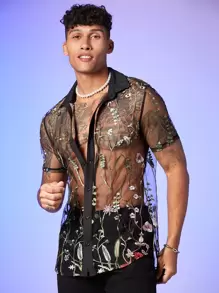 FeverCity Men Floral Embroidery Mesh Button Up See Through Party Sexy Shirt, Boyfriend Gift - Black - View 1